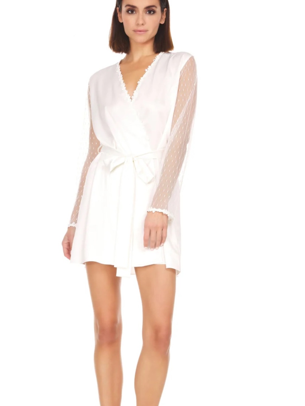 Flora Nikrooz Showstopper White Lace-Trim Wrap Robe with Sheer Sleeves- NWT